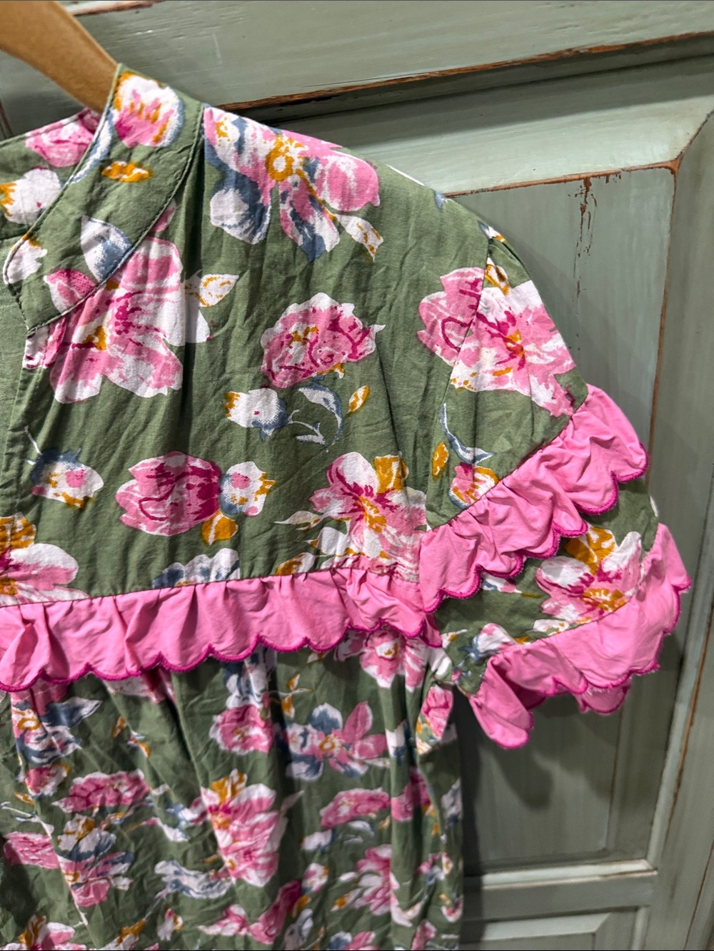 THML Olive Green Floral Pajama Top with Bright Pink Ruffle - Picture 5 of 6